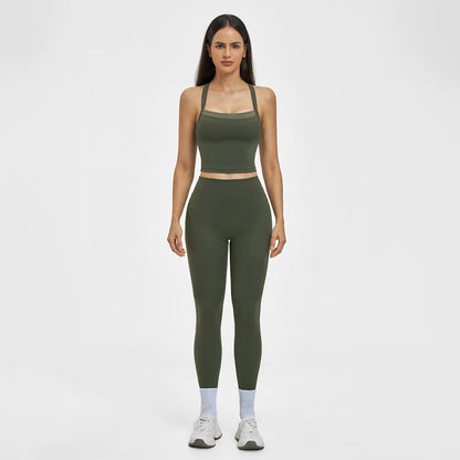 MFVIM Women’S Cross-Back Yoga Outfit Featuring High-Waisted Quick-Dry Pants and a Color-Block Spaghetti-Strap Cropped Top; Casual Fitness Apparel for Women Suitable for the Gym., Sports Clothing Set, Athletic Fashion Activewear