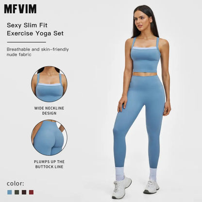 MFVIM Women’S Cross-Back Yoga Outfit Featuring High-Waisted Quick-Dry Pants and a Color-Block Spaghetti-Strap Cropped Top; Casual Fitness Apparel for Women Suitable for the Gym., Sports Clothing Set, Athletic Fashion Activewear