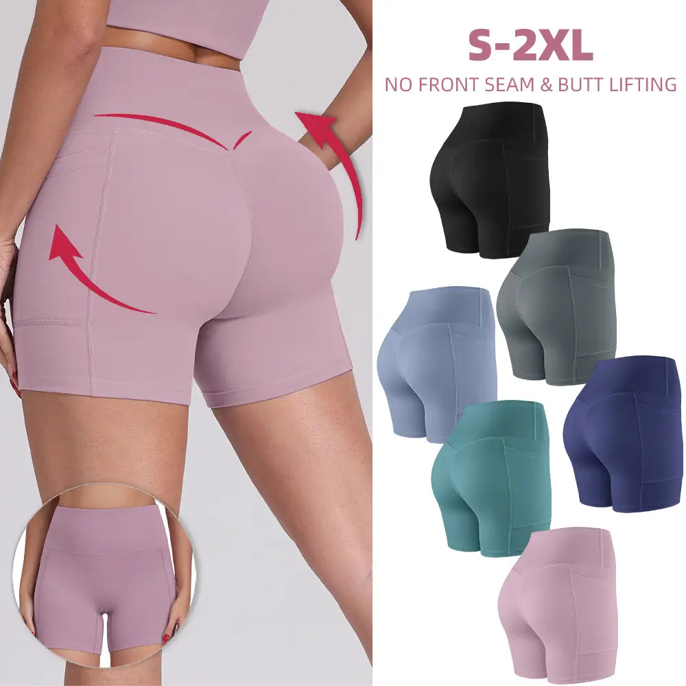 Tummy Control & Butt Lifting Shorts S-2XL - 2026 No Front Seam 5'' Yoga Shorts with Pockets Elastic Waistband Gym Running Daily Wear
