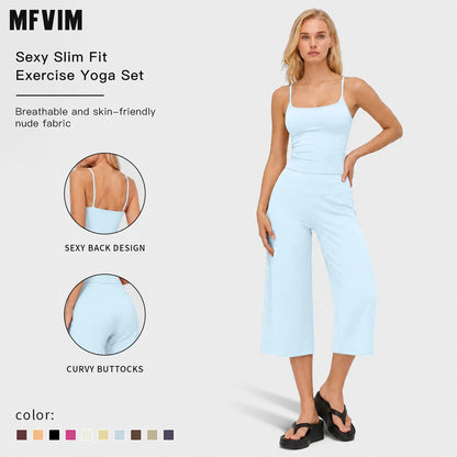 MFVIM Women'S 2-Piece Athleisure Workout Set - Slimming Camisole Yoga Tank Top, High-Waisted Quick-Dry Slim-Fit Mid-Length Shorts for Outdoor Running, Gym Sets